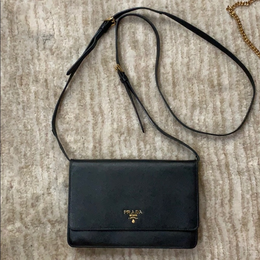 Prada Saffiano Wallet On Strap Black